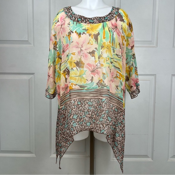 Coldwater Creek Silk Watercolor Floral Poncho Top L/XL - Picture 1 of 8